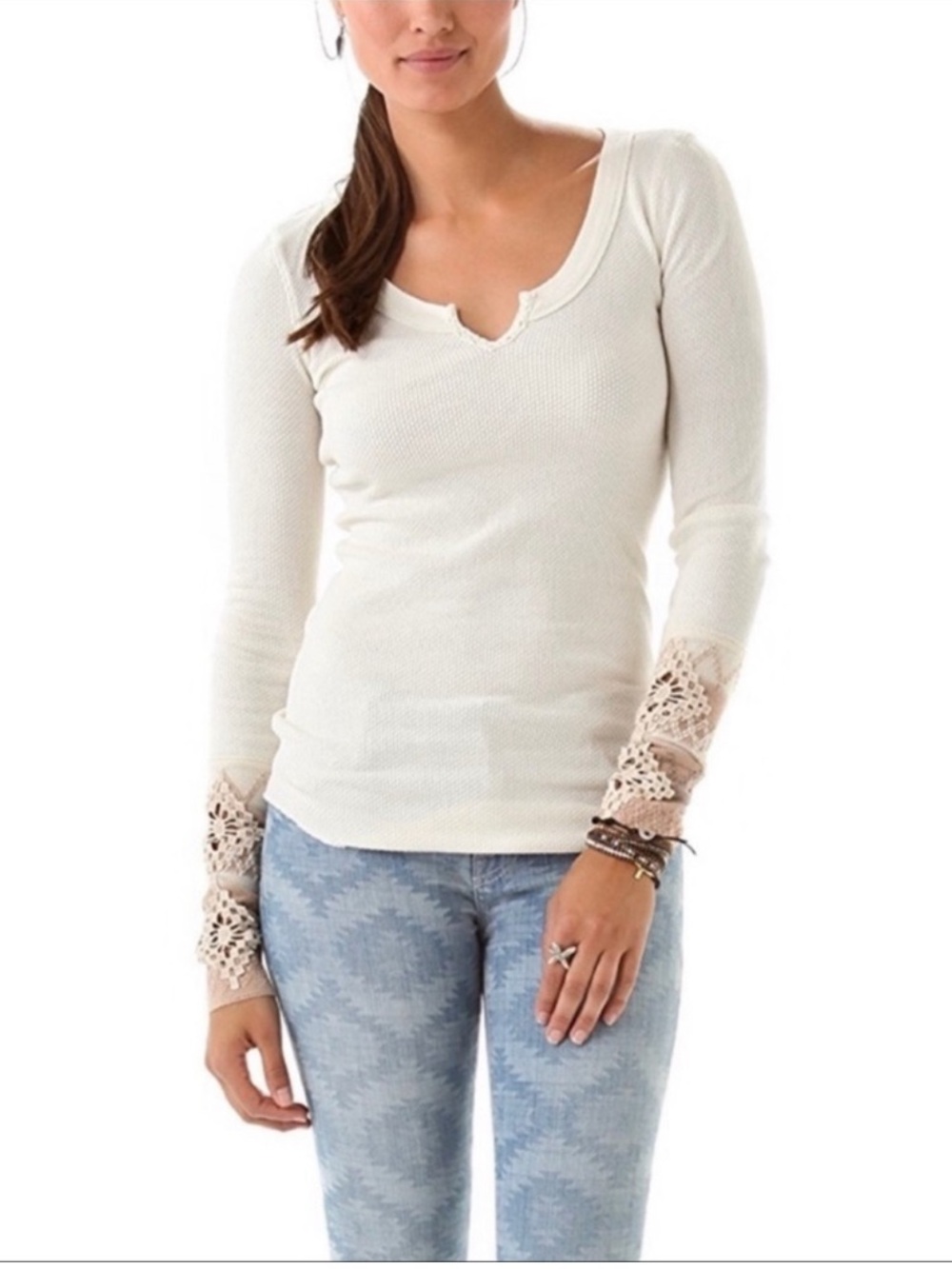Free People Rare Kombucha Crochet Sleeve Thermal Cream